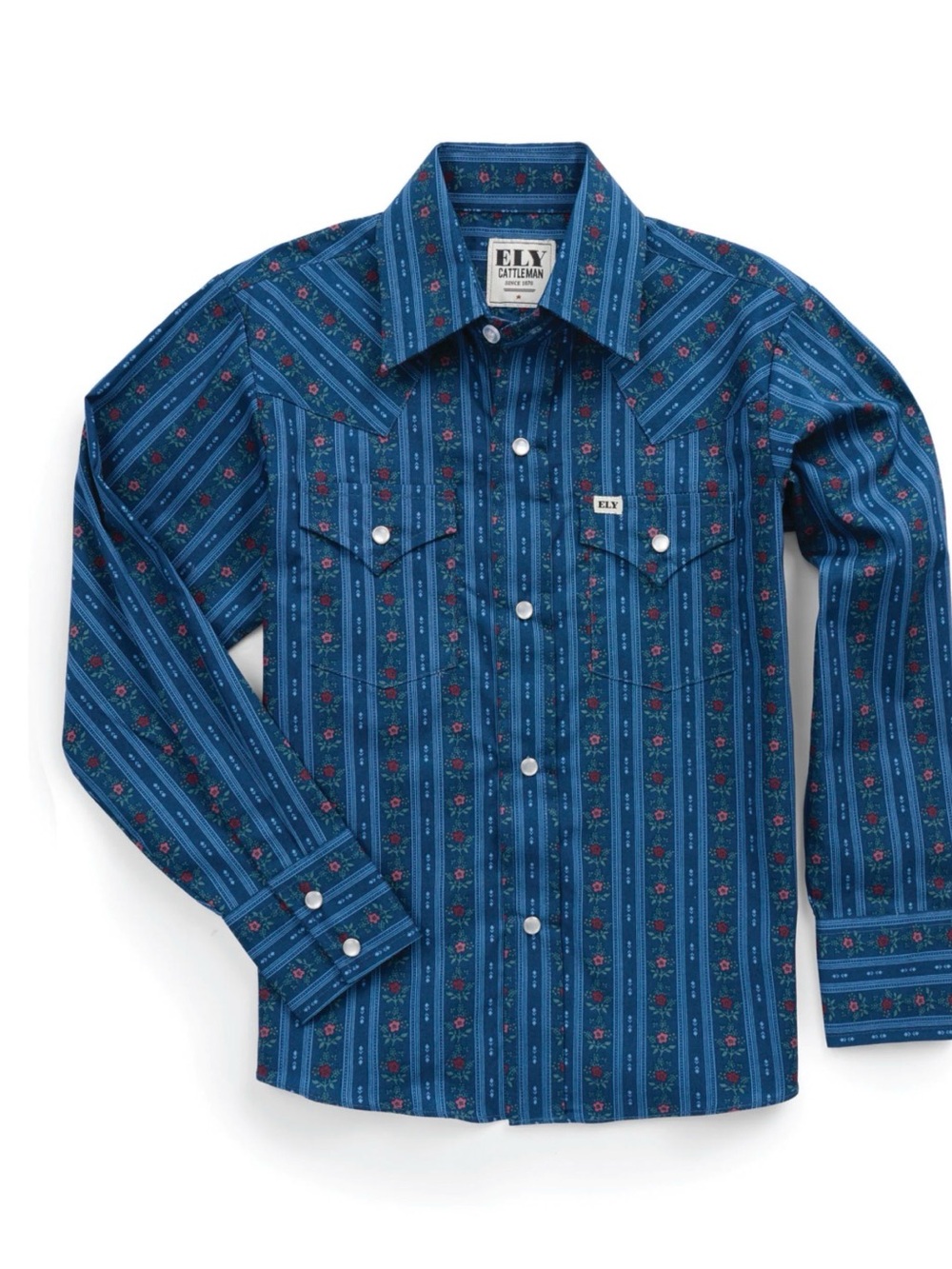 Ely Cattleman Boys' Blue Western Snap Shirt with Red Floral Stripe